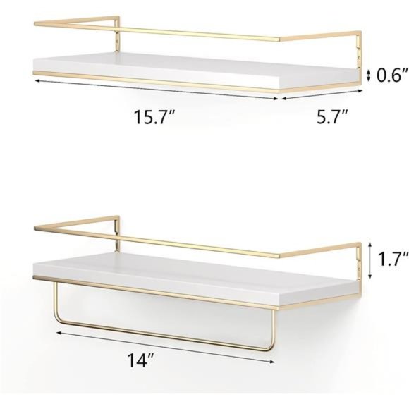 White Floating Shelves - Set of 2, Wall Mounted Hanging Shelves with Golden Rack - Picture 2 of 6